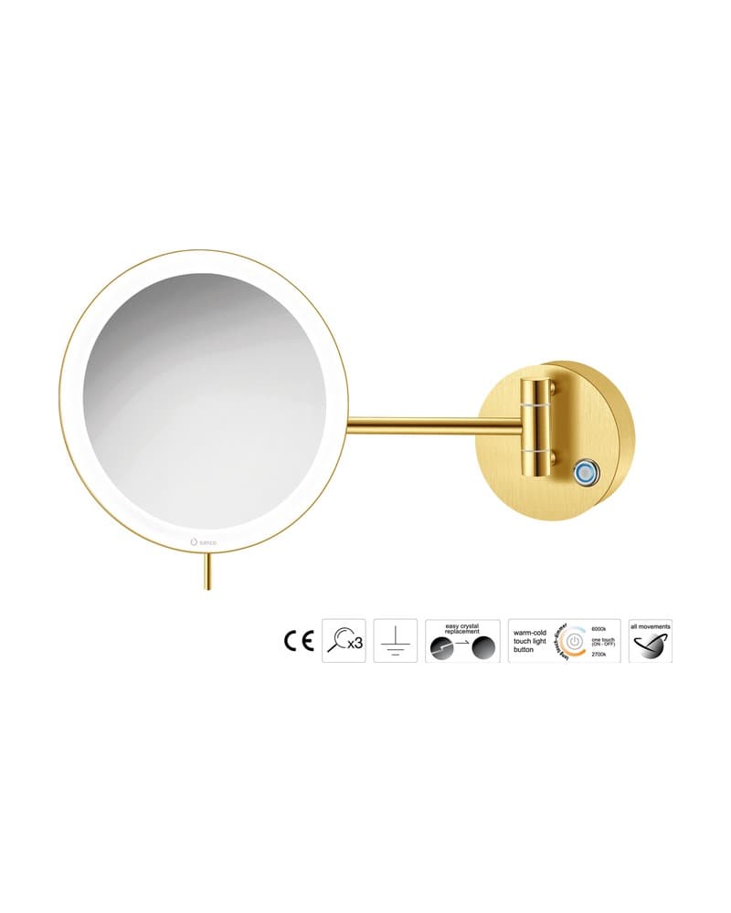 Μεγεθυντικός Καθρέπτης Επιτοίχιος LED (x3) Sanco LED Cosmetic mirrors MRLED-705-PVD-02BR PVD Golden Brass Brushed Φ20x33,5cm