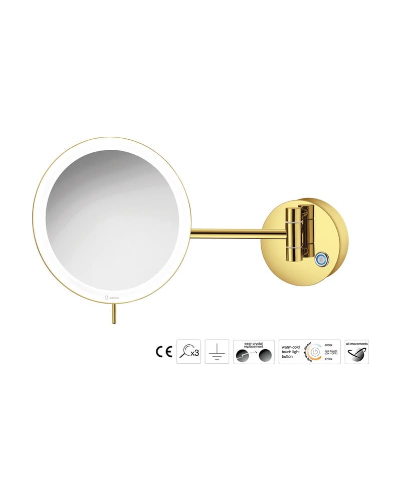 Μεγεθυντικός Καθρέπτης Επιτοίχιος LED (x3) Sanco LED Cosmetic mirrors MRLED-705-PVD-02PL PVD Golden Brass Polished Φ20x33,5cm