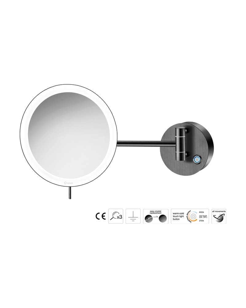 Μεγεθυντικός Καθρέπτης Επιτοίχιος LED (x3) Sanco LED Cosmetic mirrors MRLED-705-PVD-05BR PVD Gun Metal Brushed Φ20x33,5cm