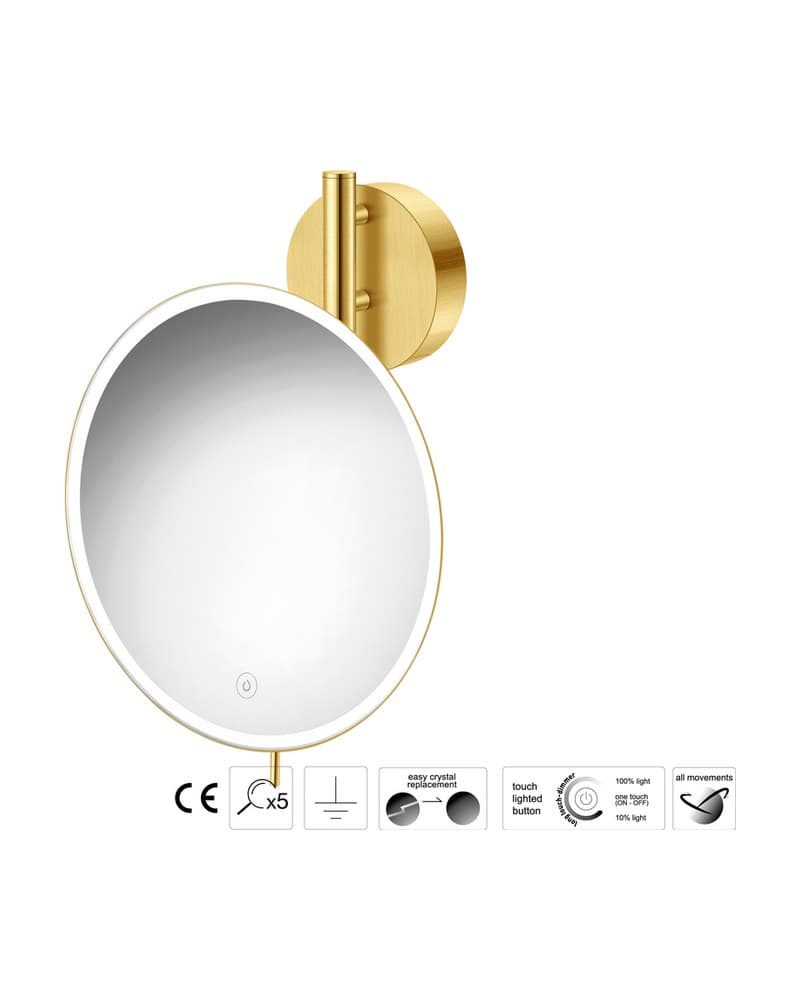 Μεγεθυντικός Καθρέπτης Επιτοίχιος LED (x5) Sanco LED Cosmetic mirrors MRLED-764-PVD-02BR PVD Golden Brass Brushed Φ25x13x33cm
