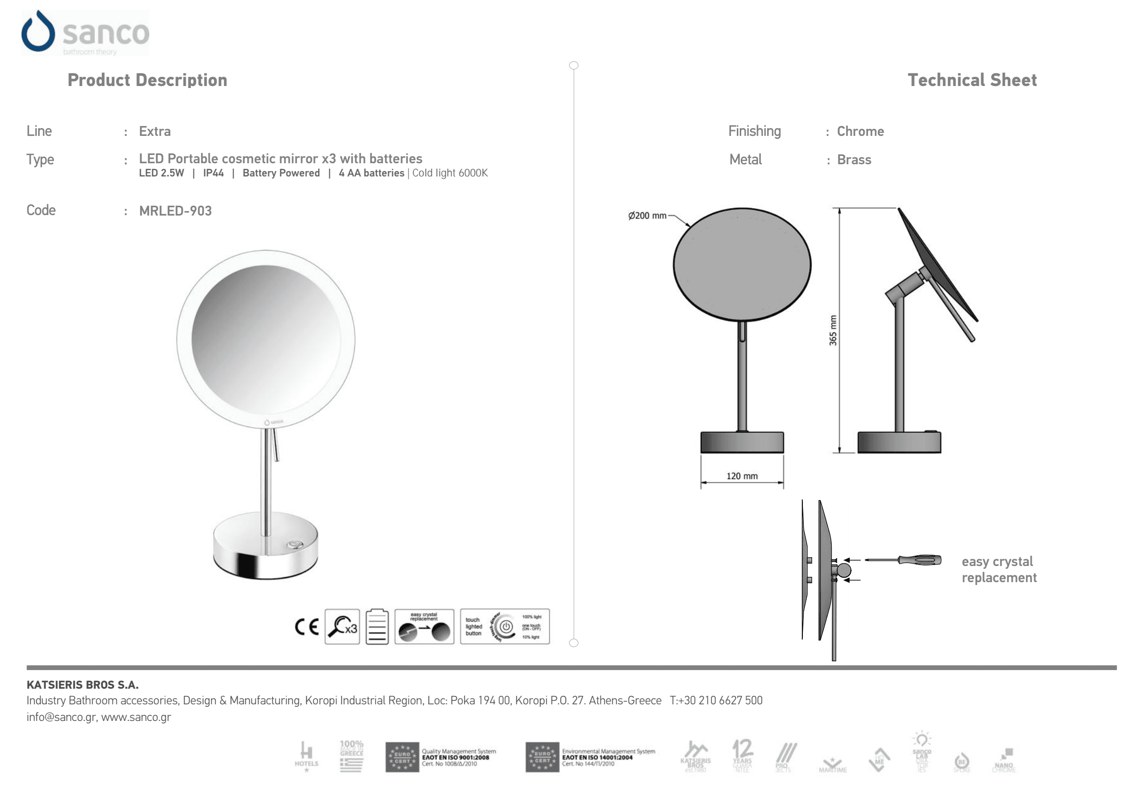 Μεγεθυντικός Καθρέπτης Επικαθήμενος LED (x3) Sanco LED Cosmetic mirrors MRLED-903-Μ116 Ματ Μαύρο Φ20x12x36,5cm - 2
