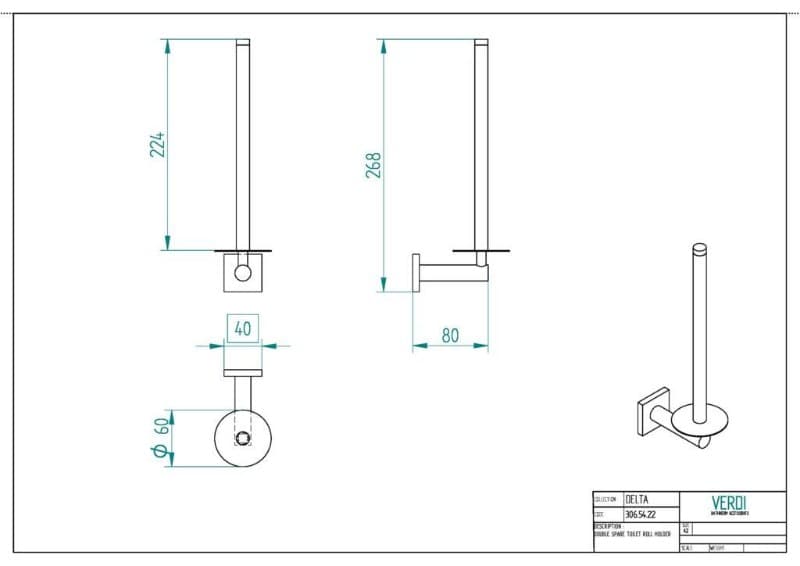 Χαρτοθήκη εφεδρική 2 θέσεων Verdi Delta 3065422 Χρώμιο 6x10x27cm - 2